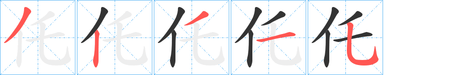 仛字的筆順?lè)植窖菔?></p>
<h2>仛的釋義：</h2>
仛<br />tuō<br />寄托；依托。<br />仛<br />chà<br />驕逸。<br />古同“姹”，少女。<br />仛<br />duó<br />他。<br />筆畫(huà)數(shù)：5；<br />部首：亻；<br />筆順編號(hào)：32315<br />
<p>上一個(gè)：<a href='bs477.html'>仦的筆順</a></p>
<p>下一個(gè)：<a href='bs475.html'>仢的筆順</a></p>
<h3>相關(guān)筆畫(huà)筆順</h3>
<p class=