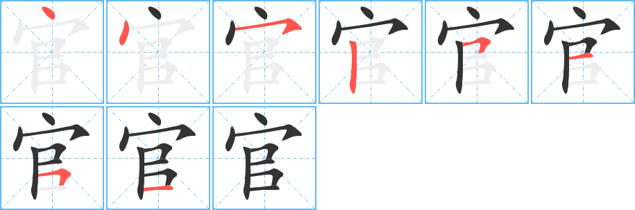 官字的筆順?lè)植窖菔?></p>
<h2>官的釋義：</h2>
官<br />guān<br />在政府擔(dān)任職務(wù)的人：官吏。官僚。官邸。官腔。官署。官?gòu)d。官爵。<br />屬于國(guó)家的或公家的：官辦。官費(fèi)。官方。官府。<br />生物體上有特定機(jī)能的部分：感官。器官。五官。官能。<br />姓。<br />民<br />筆畫(huà)數(shù)：8；<br />部首：宀；<br />筆順編號(hào)：44525151<br />
<p>上一個(gè)：<a href='bs1754.html'>宓的筆順</a></p>
<p>下一個(gè)：<a href='bs1752.html'>定的筆順</a></p>
<h3>相關(guān)筆畫(huà)筆順</h3>
<p class=