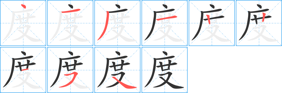 度字的筆順?lè)植窖菔?></p>
<h2>度的釋義：</h2>
度<br />dù<br />計(jì)算長(zhǎng)短的器具或單位：尺度。刻度。度量衡。<br />事物所達(dá)到的境界：程度。高度。風(fēng)度。<br />分角的單位，一圓周角分為360度：角度。<br />依照計(jì)算的一定標(biāo)準(zhǔn)劃分的單位：溫度。濕度。經(jīng)度。緯度。濃度。<br />電能的單位，一千瓦小時(shí)電量的通稱(chēng)。<br />法則，應(yīng)遵行的標(biāo)準(zhǔn)：制度。法度。<br />哲學(xué)上指一定事物保持自己質(zhì)的數(shù)量界限。<br />能容受的量：氣度。<br />考慮，打算：置之度外。<br />過(guò)，由此到彼：度日。度假。歡度新春。<br />量詞，次：一度。再度。<br />僧尼道士勸人出家：剃度（剃發(fā)出家）。<br />姓。<br />度<br />duó<br />計(jì)算，推測(cè)：忖度。揣度。審時(shí)度勢(shì)。度德量力。<br />筆畫(huà)數(shù)：9；<br />部首：廣；<br />筆順編號(hào)：413122154<br />
<p>上一個(gè)：<a href='bs3902.html'>庭的筆順</a></p>
<p>下一個(gè)：<a href='bs3900.html'>弈的筆順</a></p>
<h3>相關(guān)筆畫(huà)筆順</h3>
<p class=