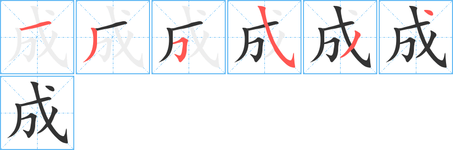 成字的筆順?lè)植窖菔?></p>
<h2>成的釋義：</h2>
●成chéngㄔㄥˊ<br />◎做好，做完：成功。完成。成就。成事。成交。成立。成婚。成仁（儒家主張的成就仁德）。成人之美。玉成其事。<br />◎事物發(fā)展到一定的形態(tài)或狀況：成形。成性。成人。自學(xué)成才。蔚然成風(fēng)。<br />◎變?yōu)椋洪L(zhǎng)成。變成。<br />◎可以，能行：成，就這么辦。<br />◎稱贊人能力強(qiáng)：他辦事麻利，真成。<br />◎夠，達(dá)到一定數(shù)量：成年累（lěi）月。<br />◎已定的，定形的：成規(guī)。成俗。成見(jiàn)。成例。成竹在胸。<br />◎十分之一：增產(chǎn)三成。<br />◎平定，講和：“會(huì)于稷，以成宋亂”。<br />◎姓。<br />反義詞<br />敗<br />英文翻譯<br />completed,finished,fixed<br />
<p>上一個(gè)：<a href='bs1179.html'>戲的筆順</a></p>
<p>下一個(gè)：<a href='bs1177.html'>爺?shù)墓P順</a></p>
<h3>相關(guān)筆畫(huà)筆順</h3>
<p class=