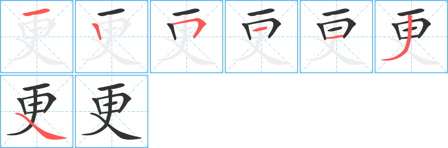 更字的筆順?lè)植窖菔?></p>
<h2>更的釋義：</h2>
更<br />gēng<br />改變，改換：更正。更生（重新獲得生命，喻復(fù)興）。更衣（ａ．換衣服；ｂ．婉辭，上廁所）。更定（改訂）。更迭（輪流更換）。更遞。更番。更新（舊的除去，新的建起）。更張（調(diào)節(jié)琴弦，喻變更或改革）。<br />經(jīng)歷：少（shào ）不更事（年齡小，沒(méi)有經(jīng)歷過(guò)多少事情）。<br />舊時(shí)夜間計(jì)時(shí)單位，一夜分為五更：更時(shí)。更闌。更夫。更鼓。更漏（原指計(jì)時(shí)用的漏壺，后泛指時(shí)辰）。<br />更<br />gèng<br />愈加，再：更加。更好。更上一層樓。<br />筆畫數(shù)：7；<br />部首：曰；<br />筆順編號(hào)：1251134<br />
<p>上一個(gè)：<a href='bs3470.html'>曵的筆順</a></p>
<p>下一個(gè)：<a href='bs3468.html'>応的筆順</a></p>
<h3>相關(guān)筆畫筆順</h3>
<p class=