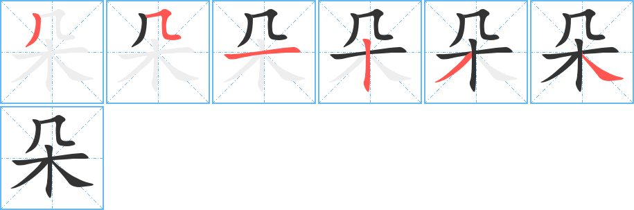 朵字的筆順?lè)植窖菔?></p>
<h2>朵的釋義：</h2>
●朵duǒㄉㄨㄛˇ<br />◎植物的花或苞：花朵。朵兒。<br />◎量詞，指花或成團(tuán)的東西：三朵花。<br />◎動(dòng)：朵頤（指動(dòng)腮頰嚼東西吃的樣子）。<br />◎姓。<br />英文翻譯<br />clusterofflowers;earlobe<br />
<p>上一個(gè)：<a href='bs1194.html'>機(jī)的筆順</a></p>
<p>下一個(gè)：<a href='bs1192.html'>朳的筆順</a></p>
<h3>相關(guān)筆畫(huà)筆順</h3>
<p class=