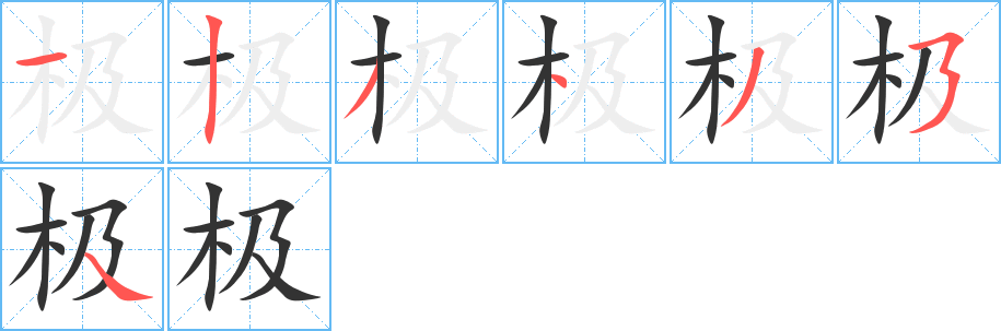 極字的筆順?lè)植窖菔?></p>
<h2>極的釋義：</h2>
極<br />（極）<br />jí<br />頂端，最高點(diǎn)，盡頭：登極（帝王即位）。登峰造極。<br />指地球的南北兩端或電路、磁體的正負(fù)兩端：極地（極圈以內(nèi)的地區(qū)）。極圈。北極。陰極。<br />盡，達(dá)到頂點(diǎn)：極力。極目四望。物極必反。<br />最高的，最終的：極點(diǎn)。極限。極端。極致。<br />國(guó)際政治中指綜合國(guó)力強(qiáng)，對(duì)國(guó)際事務(wù)影響大的國(guó)家和國(guó)家集團(tuán)：多極化趨勢(shì)。<br />準(zhǔn)則：為民立極。<br />疲乏：人極馬疲。<br />古同“亟”，急。<br />古同“殛”，殺或罰。<br />副詞：表示最高程度：極其。極為（wéi ）。<br />筆畫(huà)數(shù)：7；<br />部首：木；<br />筆順編號(hào)：1234354<br />
<p>上一個(gè)：<a href='bs3382.html'>來(lái)的筆順</a></p>
<p>下一個(gè)：<a href='bs3380.html'>杠的筆順</a></p>
<h3>相關(guān)筆畫(huà)筆順</h3>
<p class=