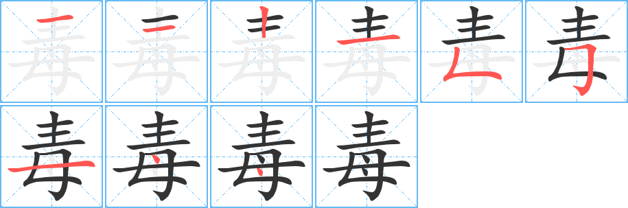 毒字的筆順?lè)植窖菔?></p>
<h2>毒的釋義：</h2>
毒<br />dú<br />有害的性質(zhì)或有害的東西：毒氣。毒性。毒餌。毒藥。毒蛇。吸毒。販毒。<br />害，傷害：毒害。毒化。毒殺。莫予毒也（沒(méi)有誰(shuí)能危害我，即誰(shuí)也不能把我怎么樣）。<br />兇狠，猛烈：毒辣。毒計(jì)。毒刑。狠毒。惡毒。<br />恨，以為苦：令人憤毒。<br />毒<br />dài<br />古同“玳”，玳瑁。<br />筆畫(huà)數(shù)：9；<br />部首：母；<br />筆順編號(hào)：112155414<br />
<p>上一個(gè)：<a href='bs4861.html'>眈的筆順</a></p>
<p>下一個(gè)：<a href='bs4859.html'>盄的筆順</a></p>
<h3>相關(guān)筆畫(huà)筆順</h3>
<p class=