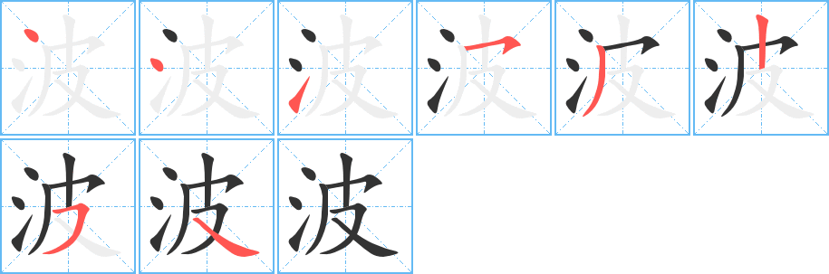波字的筆順?lè)植窖菔?></p>
<h2>波的釋義：</h2>
波<br />bō<br />水面振蕩起伏的運(yùn)動(dòng)：波浪。波濤。波瀾。波光。波紋。波蕩。推波助瀾。波及（影響到，牽涉到）。<br />物理學(xué)上指振動(dòng)在物質(zhì)中的傳播能量遞進(jìn)的一種形式：電波。光波。超聲波。波長(zhǎng)。波段。波速。波譜。<br />筆畫(huà)數(shù)：8；<br />部首：氵；<br />筆順編號(hào)：44153254<br />
<p>上一個(gè)：<a href='bs1941.html'>泊的筆順</a></p>
<p>下一個(gè)：<a href='bs1939.html'>泌的筆順</a></p>
<h3>相關(guān)筆畫(huà)筆順</h3>
<p class=