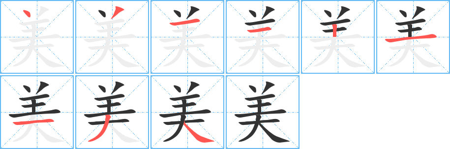 美字的筆順?lè)植窖菔?></p>
<h2>美的釋義：</h2>
美<br />měi<br />好，善：美德。美學(xué)。美談。審美。美麗。美容（美化容貌）。美不勝收。<br />得意，高興：美滋滋的。<br />稱贊，以為好：贊美。美言。美譽(yù)。<br />指“亞美利加洲”（簡(jiǎn)稱“美洲”）：北美。南美。<br />指“美國(guó)”：美元。美籍華人。<br />好佳丑惡<br />筆畫數(shù)：9；<br />部首：八；<br />筆順編號(hào)：431121134<br />
<p>上一個(gè)：<a href='bs3569.html'>羑的筆順</a></p>
<p>下一個(gè)：<a href='bs3567.html'>舉的筆順</a></p>
<h3>相關(guān)筆畫筆順</h3>
<p class=