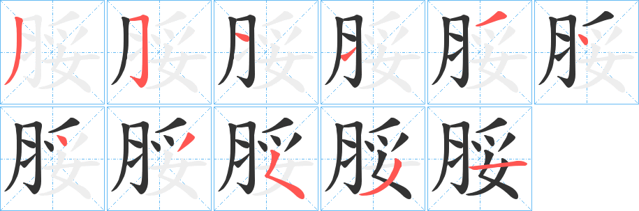 脮字的筆順?lè)植窖菔?></p>
<h2>脮的釋義：</h2>
脮<br />něi<br />古同“鯘”，魚肉腐敗。<br />筆畫數(shù)：11；<br />部首：月；<br />筆順編號(hào)：35113443531<br />
<p>上一個(gè)：<a href='bs6380.html'>脴的筆順</a></p>
<p>下一個(gè)：<a href='bs6378.html'>脳的筆順</a></p>
<h3>相關(guān)筆畫筆順</h3>
<p class=