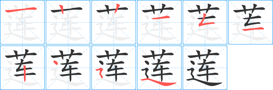 蓮字的筆順?lè)植窖菔?></p>
<h2>蓮的釋義：</h2>
蓮<br />（蓮）<br />lián<br />多年生草本植物，生淺水中。葉子大而圓。花大，有粉紅、白色兩種。種子稱“蓮子”，包在倒圓錐形的花托內(nèi)，合稱“蓮蓬”。地下莖肥大而長(zhǎng)，有節(jié)，稱“藕”。種子和地下莖均可食（亦稱“荷”、“芙蓉”、“芙蕖”、“菡萏”）：蓮藕。蓮房（ａ．蓮蓬；ｂ．指僧人的居室）。蓮座（ａ．蓮花的底部；ｂ．佛像的座位，由佛座多為蓮花形而得名）。<br />筆畫數(shù)：10；<br />部首：艸；<br />筆順編號(hào)：1221512454<br />
<p>上一個(gè)：<a href='bs7186.html'>莽的筆順</a></p>
<p>下一個(gè)：<a href='bs7184.html'>蒞的筆順</a></p>
<h3>相關(guān)筆畫筆順</h3>
<p class=