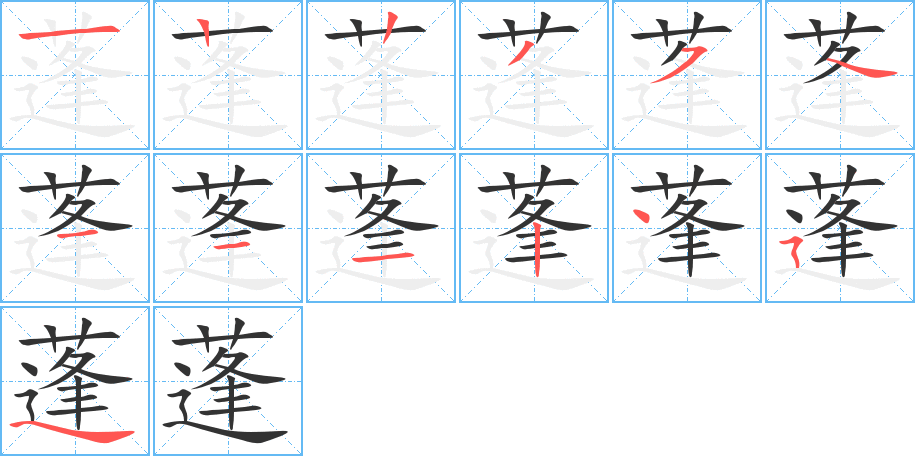 蓬字的筆順?lè)植窖菔?></p>
<h2>蓬的釋義：</h2>
蓬<br />péng<br />多年生草本植物，花白色，中心黃色，葉似柳葉，子實(shí)有毛（亦稱“飛蓬”）：蓬門。蓬心（“蓬”的心狹窄而彎曲，喻茅塞不通的頭腦。謙辭，用以表示自己見識(shí)淺陋，蠢笨）。蓬戶甕牗。蓬生麻中（喻在良好的生長(zhǎng)環(huán)境里，自然會(huì)受到好的影響）。蓬蓽生輝（使得自家有了光彩。謙辭，用來(lái)稱謝別人字畫等物品的贈(zèng)予或客人的來(lái)訪）。<br />散亂：蓬亂。蓬松。蓬頭垢面。<br />茂盛，旺盛：蓬勃。<br />量詞，用于類似成叢飛蓬的東西：一蓬鳳尾竹。<br />筆畫數(shù)：13；<br />部首：艸；<br />筆順編號(hào)：1223541112454<br />
<p>上一個(gè)：<a href='bs12302.html'>蒱的筆順</a></p>
<p>下一個(gè)：<a href='bs12300.html'>蒳的筆順</a></p>
<h3>相關(guān)筆畫筆順</h3>
<p class=