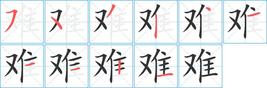 難字的筆順?lè)植窖菔?></p>
<h2>難的釋義：</h2>
難<br />（難）<br />nán<br />不容易，做起來(lái)費(fèi)事：難處。難度。難點(diǎn)。難關(guān)。難熬。難耐。難產(chǎn)。難堪。難題。難以。難于。困難。畏難。急人之難。<br />不大可能辦到，使人感到困難：難免。難為。難保。難怪。難倒（dǎo ）。難道。難能可貴。<br />不好：難聽(tīng)。難看。<br />易<br />難<br />（難）<br />nàn<br />災(zāi)禍，困苦：難民。災(zāi)難。遇難。逃難。殉難。患難。遭難。避難。排擾解難。<br />仇怨：排難解紛。<br />詰責(zé)，質(zhì)問(wèn)：發(fā)難。非難。責(zé)難。<br />易<br />難<br />（難）<br />nuó<br />古同“儺”。<br />易<br />筆畫(huà)數(shù)：10；<br />部首：隹；<br />筆順編號(hào)：5432411121<br />
<p>上一個(gè)：<a href='bs8655.html'>隼的筆順</a></p>
<p>下一個(gè)：<a href='bs8653.html'>雋的筆順</a></p>
<h3>相關(guān)筆畫(huà)筆順</h3>
<p class=