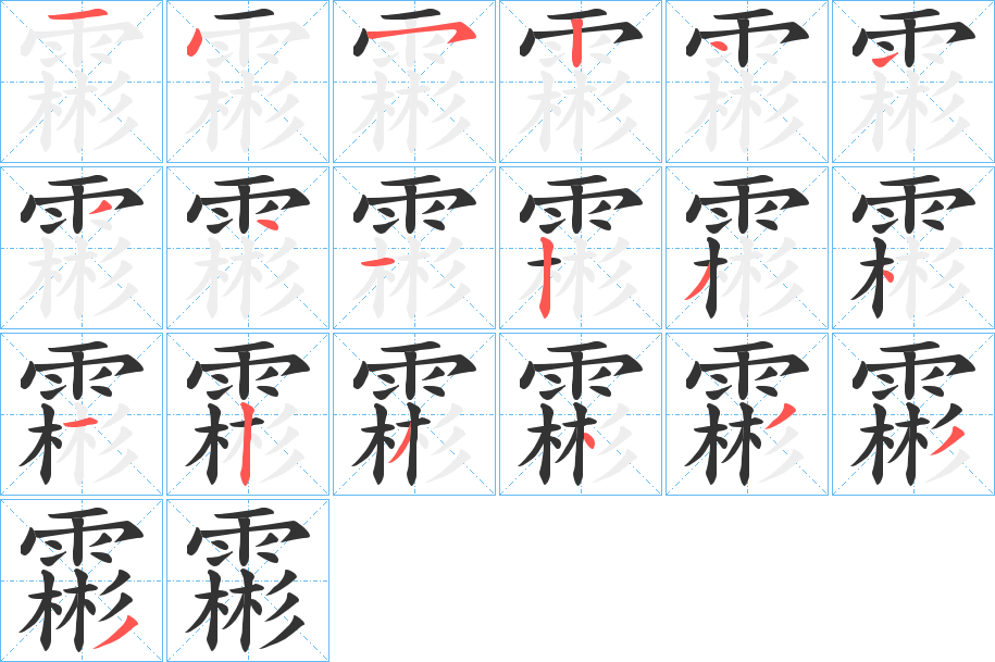霦字的筆順?lè)植窖菔?></p>
<h2>霦的釋義：</h2>
霦<br />bīn<br />〔璘（<br />l妌 ）霦〕玉的光彩。<br />筆畫數(shù)：19；<br />部首：雨；<br />筆順編號(hào)：1452444412341234333<br />
<p>上一個(gè)：<a href='bs19507.html'>霳的筆順</a></p>
<p>下一個(gè)：<a href='bs19505.html'>霫的筆順</a></p>
<h3>相關(guān)筆畫筆順</h3>
<p class=