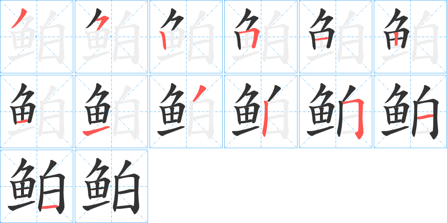 鲌字的筆順?lè)植窖菔?></p>
<h2>鲌的釋義：</h2>
鲌<br />（鮊）<br />bó<br />魚類的一屬，身體延長(zhǎng)，側(cè)扁，為淡水經(jīng)濟(jì)魚類之一。常見的有“翹嘴紅鲌”、“短尾鲌”等。<br />鲌<br />（鮊）<br />bà<br />同“鲅”。<br />筆畫數(shù)：13；<br />部首：魚；<br />筆順編號(hào)：3525121132511<br />
<p>上一個(gè)：<a href='bs13837.html'>鮒的筆順</a></p>
<p>下一個(gè)：<a href='bs13835.html'>鮑的筆順</a></p>
<h3>相關(guān)筆畫筆順</h3>
<p class=